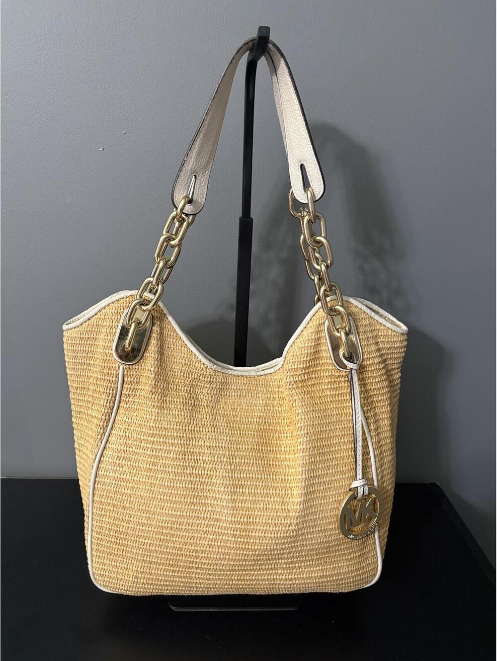 MICHAEL Michael Kors Woven Straw Raffia Hobo Shoulder Bag White Leather